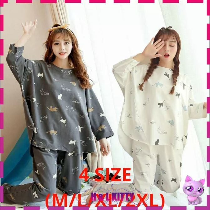 【?H&L KITTY?】❤️M-2XL❤️ReadyStock Women Pyjamas Cartoon Design Long Sleeve Perempuan Baju Tidur Panjang (Size M to Size 2