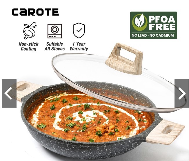 Carote Essential Woody Non Stick PFOA Free Two-Handle Wok with Lid Suitable All Stove(24cm/28cm)